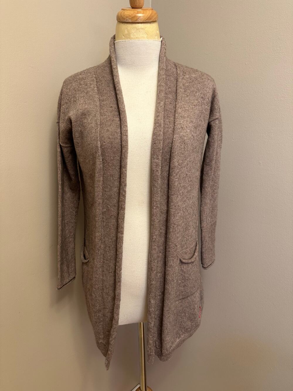 Sundry Open Front Cardigan Heart Embroidery Pockets Heather Brown Sz 0 / XS